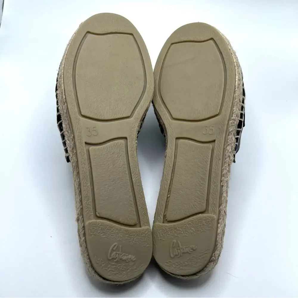 Castañer Pasi Black Leather Espadrille Slides Flat Sandals Size 5 Summer Chic